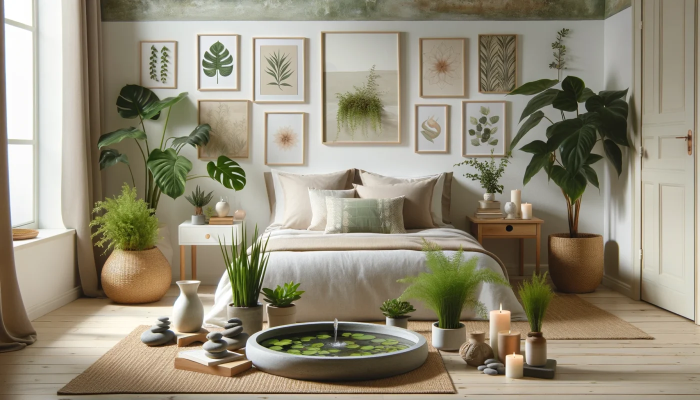 Chambre adulte zen avec accessoires décoratifs et éléments naturels