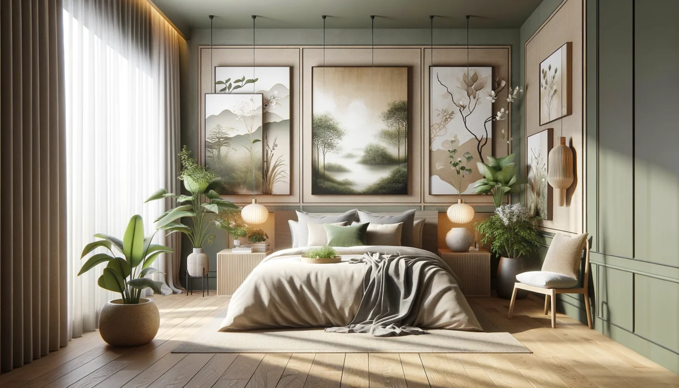 Exemple de chambre adulte zen avec décoration artistique et tableaux muraux