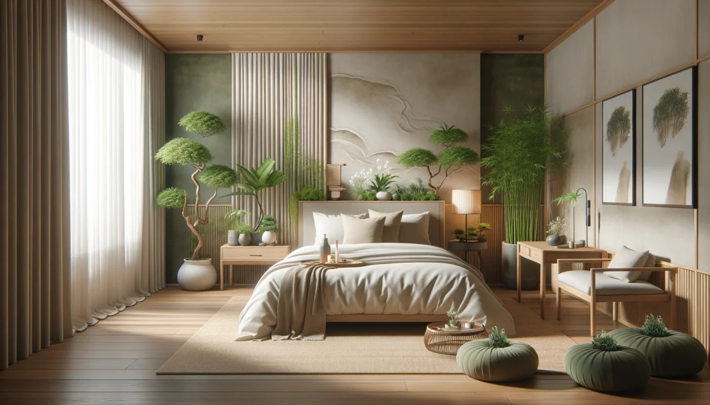 Exemple de chambre adulte zen avec design minimaliste et thème naturel