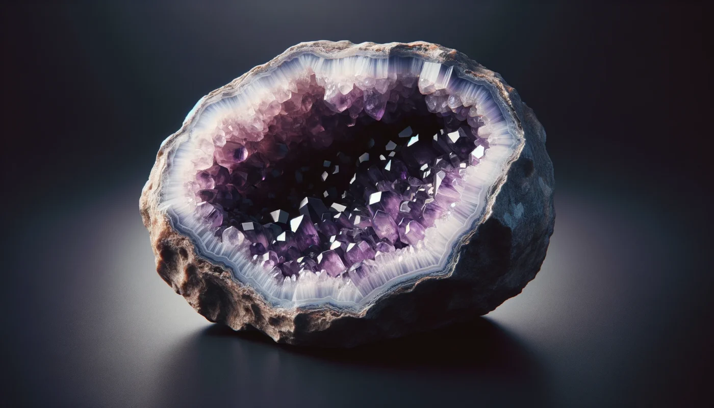 Géode d'améthyste avec cavité rocheuse extérieure et cœur scintillant de cristaux de quartz violets, soulignant son unicité et sa beauté naturelle